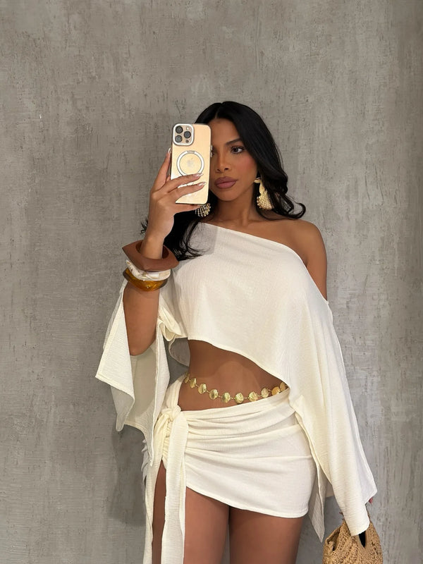Elegant Off Showlder Two Piece Outfits Woman Summer One Shoulder Flared Sleeve Loose Crop Top and Skirt Suit Streetwear New