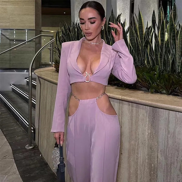 Luxury Matching Sets for Women Elegant Suits Long Sleeve Jackets Low Waist Pants Sets Party Outfits Violet New Spring Autumn