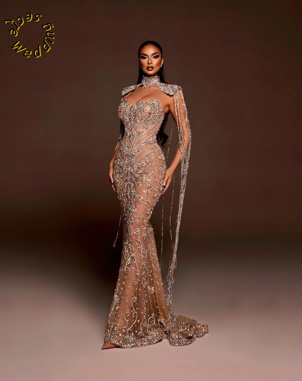 Luxury Evening Dresses Mermaid Crystals Beads Prom Dresses Backless Celebrity Party Gown Customized فساتين سهرة