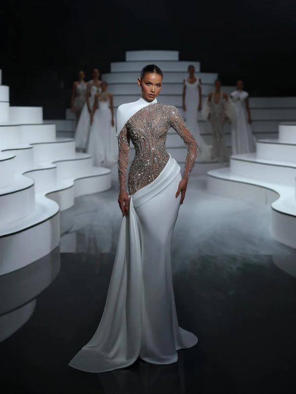 Silver Embroidery Crystal Wedding Dress Stunning Satin Mermaid Long Bridal Gown New Customized Exquisite Dresses For Bride