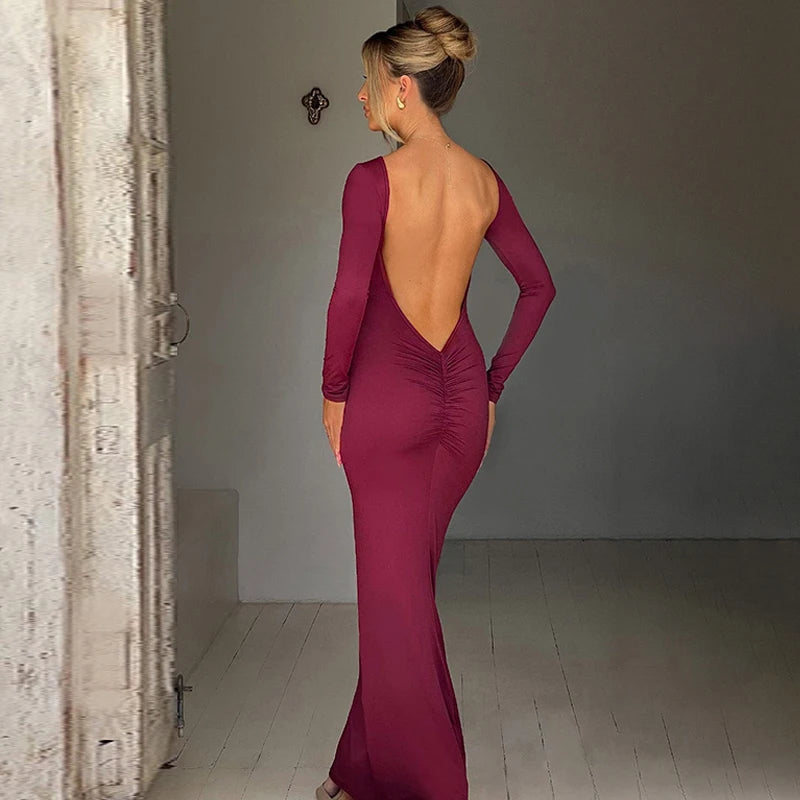 Spring Elegant Long Sleeve Backless Solid Cuched Sexy Bodycon Maxi Prom Dress Women Outfit Evening Party Festival Y2K