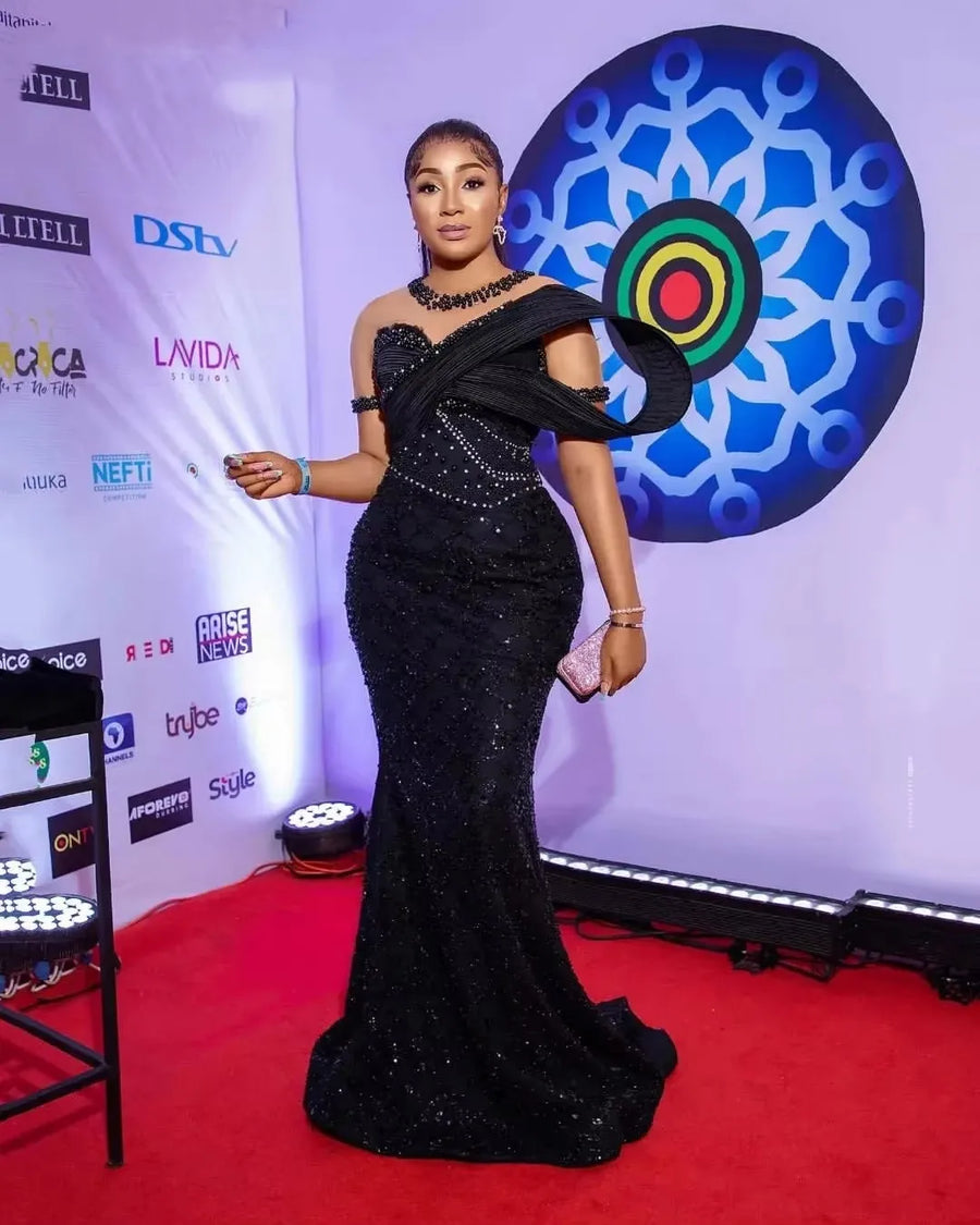 Customize Aso Ebi Black Mermaid Prom Dress Beaded Sheer Neck Evening Formal Gowns Pleated Sequins Trumpet Long Prom Dresses Pear