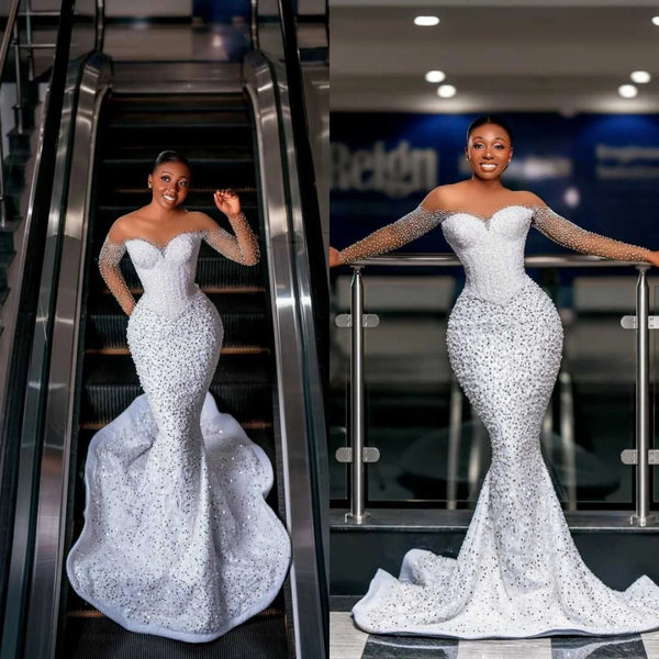 Sexy Mermaid Wedding Dress Pearls Sequins Off Shoulder Long Sleeve Bride Gowns Charming Floor Length Bridal Dresses Customized