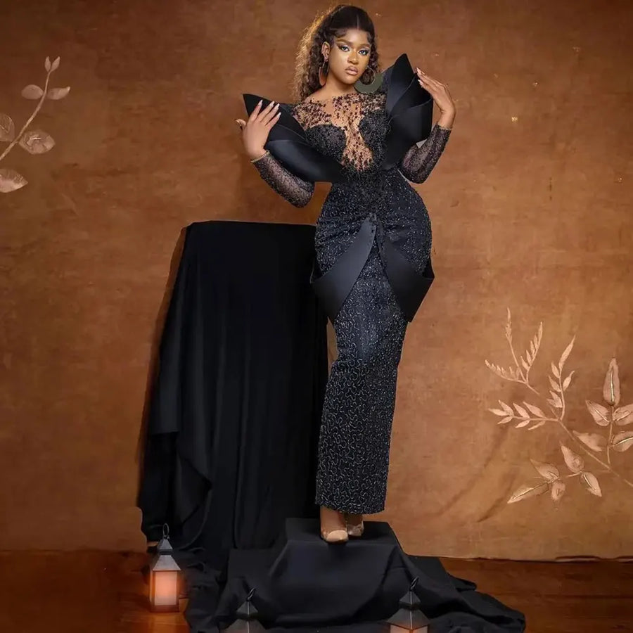Sexy African Evening Dresses for Women Mermaid Black Lace Prom Gowns Off Shoulder Wedding Dress robes de soirée Customized