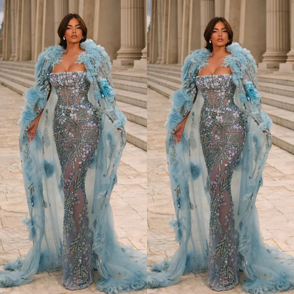 Exquisite Strapless Sequins Prom Dresses Sexy Beading Appliques Evening Dress with Wrap Customized  Floor Length Party Gown