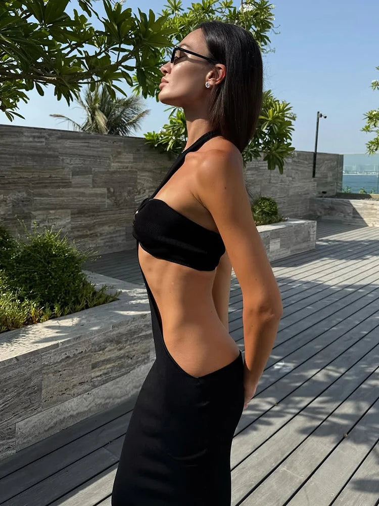 Sexy Fashion 2 Piece Set Woman Metal Trim Tube Tops+Halter Backless High Splits Hem Long Dress 2026 New Style Elegant Suit