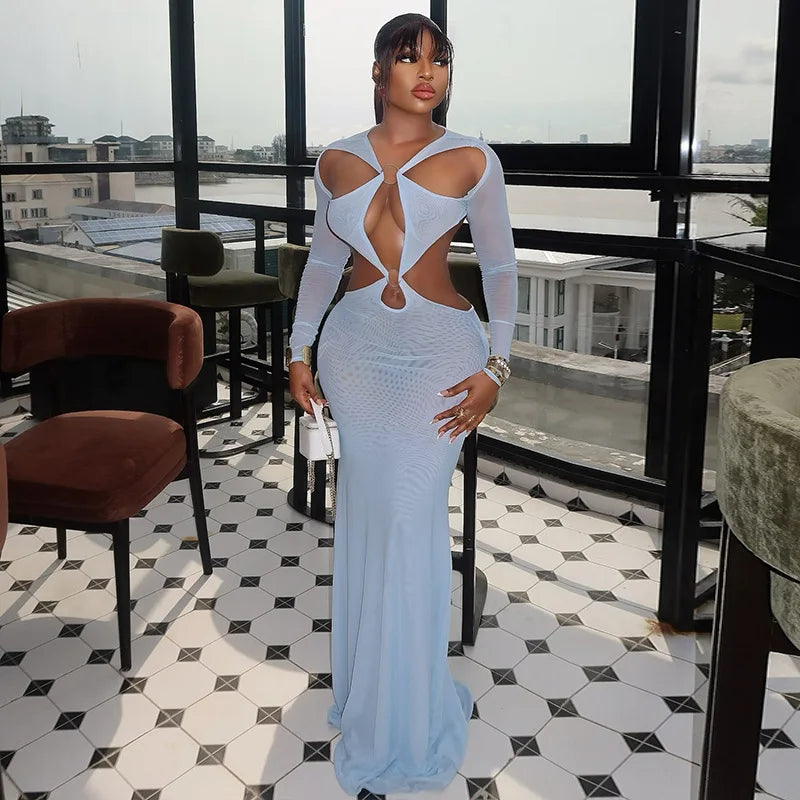 See Through Mesh Metal Ring Hollow Out Bodycon Maxi Dress Women Sexy V-neck Full Sleeve Bodycon Party Long Robe Evening Gown