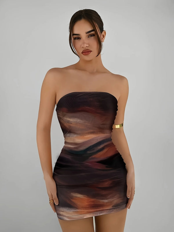 Elegant Women's Knitted Gradient Print Mini Dress Spring Summer New Style Party Holiday Sexy Strapless Slim Fit Gown
