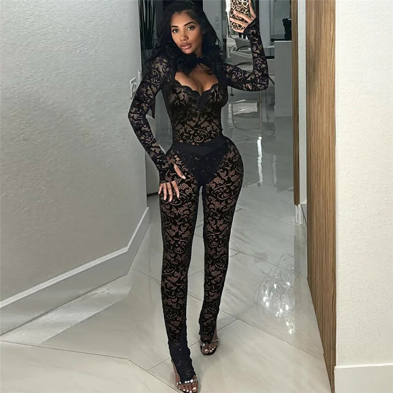Black Fashion Y2K Lace See Though Two Piece Sets Women Round Neck Long Sleeve Bodysuits And Skinny Pants Outfits 2025 New