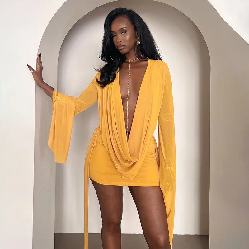 Sheer Mesh Cowl Neck Irregular Mini Dress Women Flare Sleeve Backless Coquette Sexy Midnight Beach Vacation Bodycon Dresses