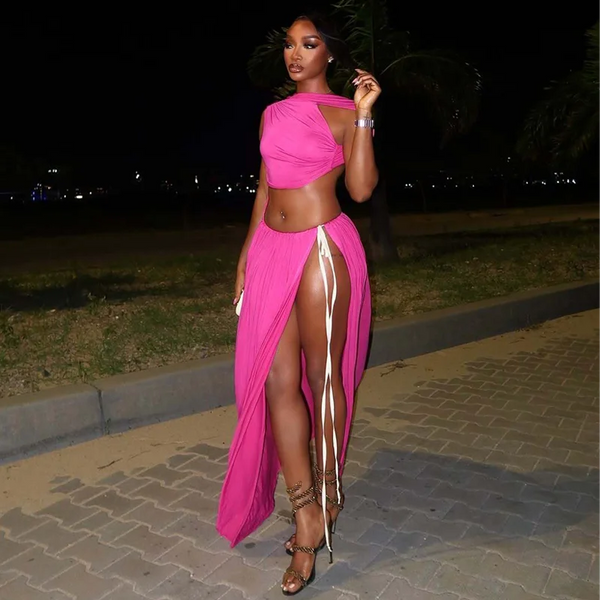 Summer Solid O-Neck Backless Slim Lace Up Side Slit Long Dress Women'S Sexy Elegant Dress Party Club Street Clothes