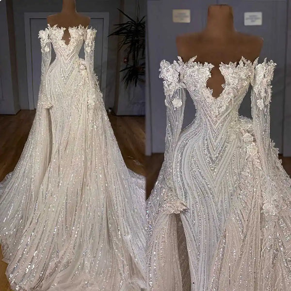 Luxurious Mermaid Wedding Dress Strapless Sequins Beaded Appliques Bride Gowns Detachable Sweep Train Bridal Dresses Customized