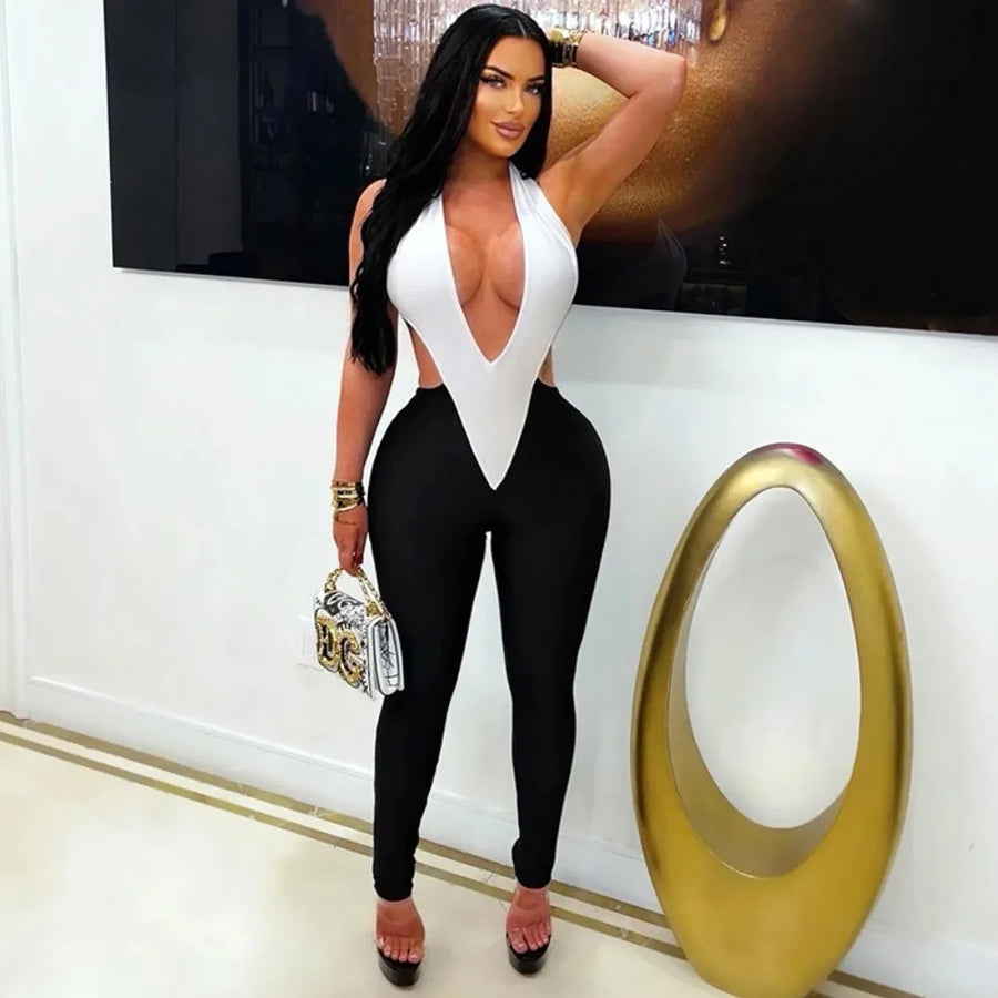 Sexy Halter Hollow Out Jumpsuits Woman Color Blocking V-Neck Sleeveless Backless Skinny Midnight Party Clubwear Overalls