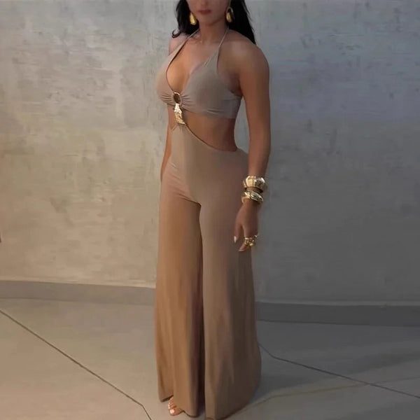 Summer Backless Fit Pure Playsuits Overalls Elegant Halter Women's High Waist Romper Sexy V-neck Sleeveless Hollow Out Jumpsuits
