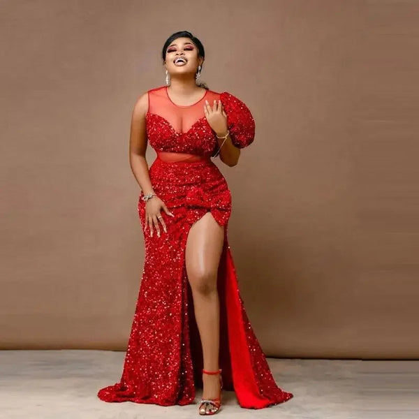 African Red Sequined Mermaid Prom Dresses Sheer Neck Formal Party Dress Aso Ebi Style Plus Size Side Split Evening Gowns