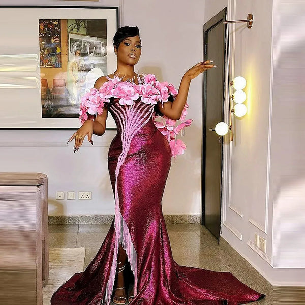 Sequined Mermaid Evening Dresses With Floral Appliques Off The Shoulder Women Formal Gowns Slit Tassels Prom Dress For African