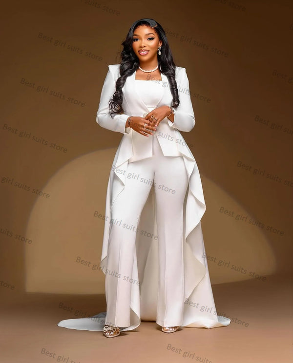 Elegant White Women Suit Pants Set 2 Piece Jacket With Train+Trouser Formal Office Lady Blazer Guest Tuxedo Tailored Prom Dress
