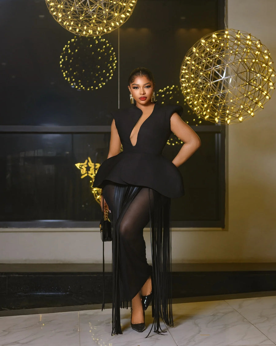 Couture Black See Thru Ankle Length Formal Party Dresses With Tassel Elegant African Women Party Dress