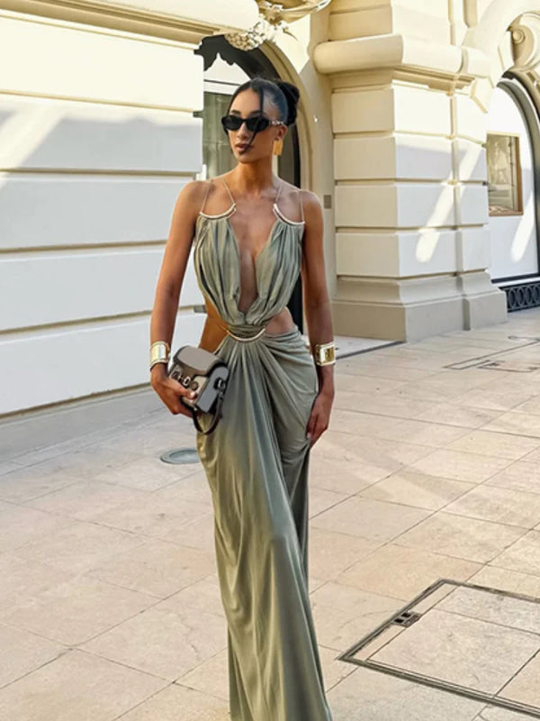 Women's Metal Trim Spaghetti Strap Maxi Dress Sexy Deep V Cutout Waist Crisscross Backless Vestidos Beach Evening Party Gown