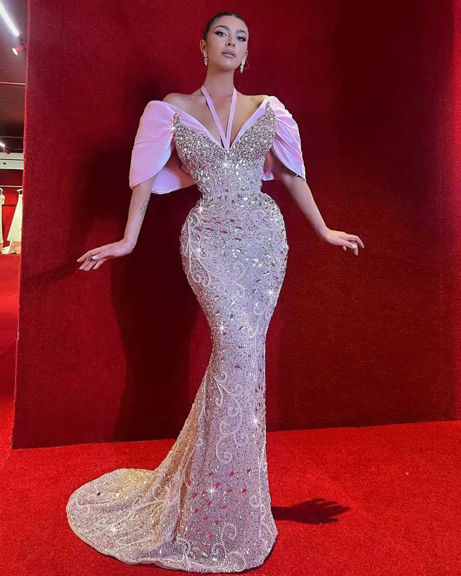 Luxury Evening Dresses Mermaid Halter Rhinestones Crystals Beads Sweep Train Prom Gowns Party Dresses Customized Robe De Soirée