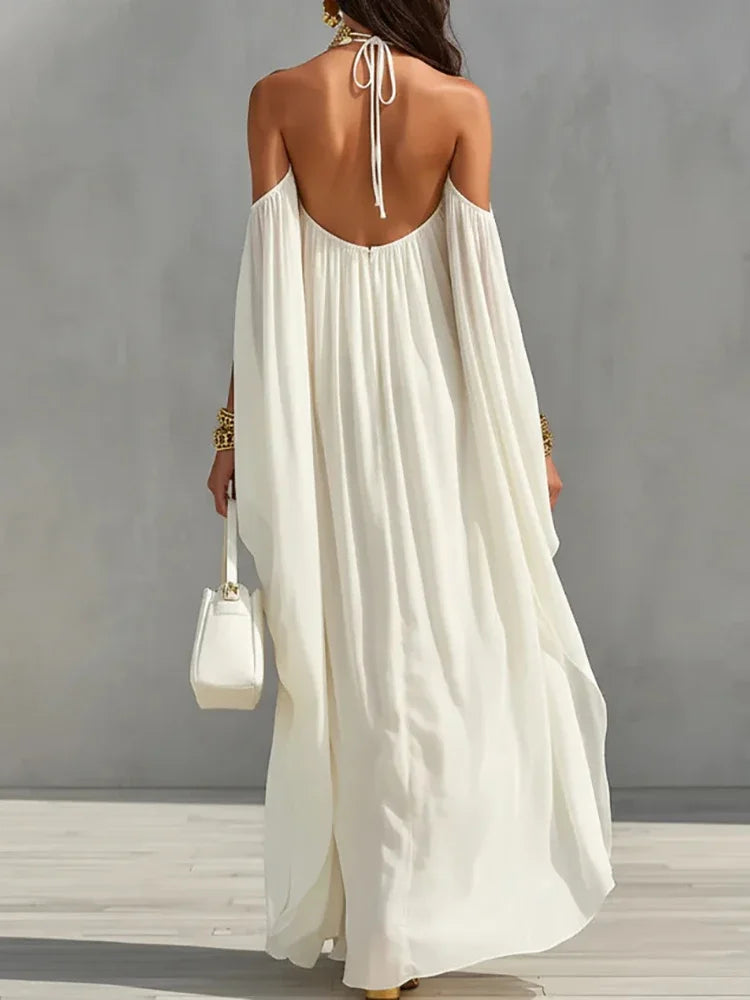 Elegant Backless Maxi Dress for Women Summer Halter Lace-Up Loose Simple Fashion Party Dress Patchwork Holiday Ladies Dress 2026