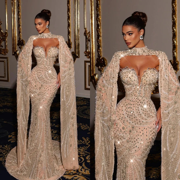 Designer Mermaid Evening Dresses For Women Sweetheart Neck Long Sleeves Gown Crystal Sequins Customized Dress