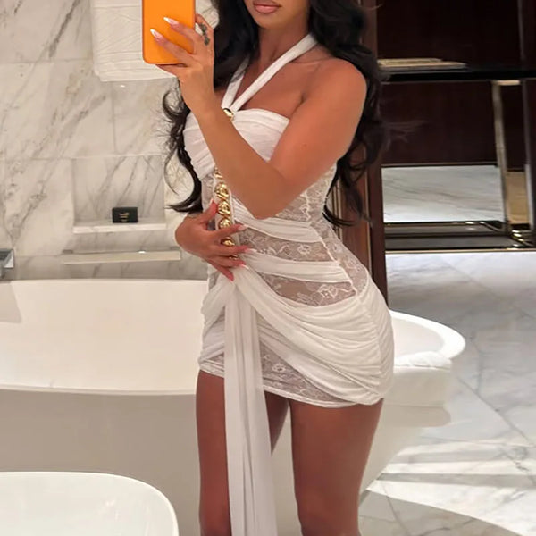 Women Sexy See Through Mesh Splice Slim Mini Dress Fashion Metal Decoration Party Dress Elegant Halter Ribbon White Skinny Dress