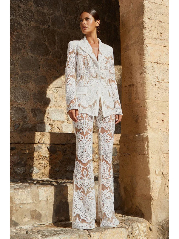 HIGH STREET Newest 2026 Designer Runway Suit Set Women's Single Button Guipure Lace Sequined Blazer Pants Suit