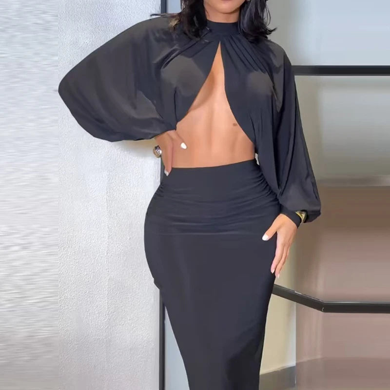 Fashion Crew Neck Crop Tops & Wrap Hip Skirt Set Women Casual Long Sleeve Solid 2Pc Suit 2025 Elegant Commuting Slim Fit Outfits