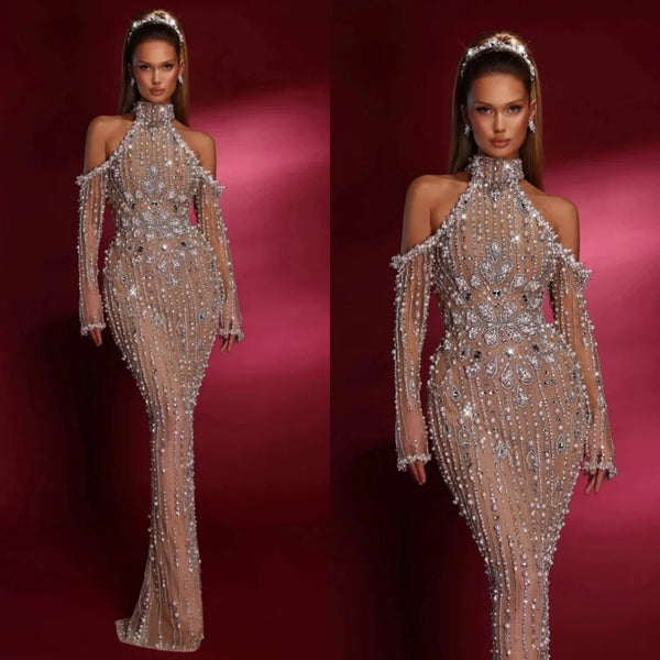 Sexy High Neck Prom Dresses Sparkly Crystal Sequined Floor Length Evening Dress Customized Long Sleeve Party Cocktail Gown