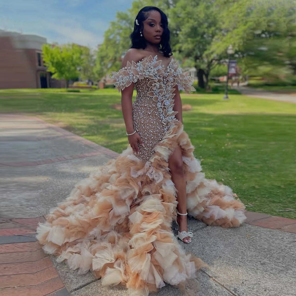 Luxury Champagne Gold Mermaid Prom Dresses Full Handmade Pearls African Wedding Party Dress Aso Ebi Tulle Flower Birthday Dress