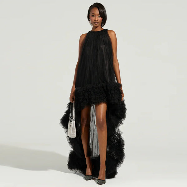 Fashion Black Asymmetrical Tulle Long Women Dresses With Ruffles Trimmed Details Loose Dress All Color  Available