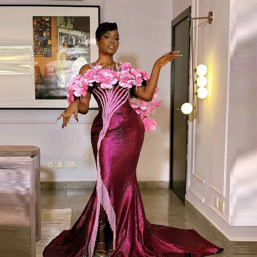 Sequined Mermaid Evening Dresses With Floral Appliques Off The Shoulder Women Formal Gowns Slit Tassels Prom Dress For African