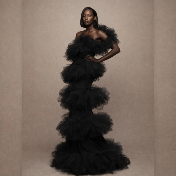 2026 New Black Tulle Mermaid Gown Off Shoulder Ruffled Long Evening Dress for Red Carpet Prom Wedding Party Layered Ruffle Gala