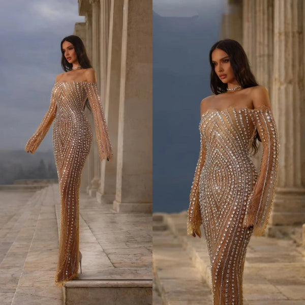 Sexy Mermaid Evening Dress Lace Crystal Plus Size Bridal Gown Illusion Tulle Sweep Train Party Dresses Customized