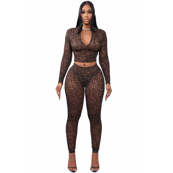 Mesh 2 Piece Set Women's Matching Sets Club Wear Party Rave Long Sleeve Crop Top and Pencil Pants Ensemble Femmes