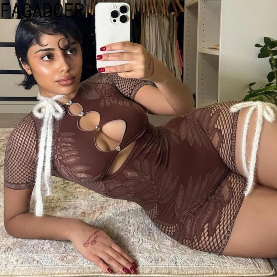 Summer Thickening Lace Hollow Out Bodycon Rompers Women Round Neck Short Sleeve Slim Jumpsuits Fashion Female Overalls