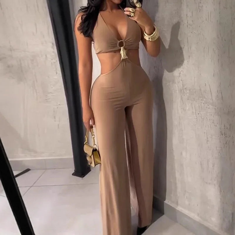 Summer Backless Fit Pure Playsuits Overalls Elegant Halter Women's High Waist Romper Sexy V-neck Sleeveless Hollow Out Jumpsuits