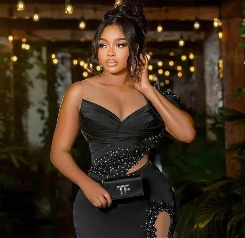 Sheer Neck Beaded Aso Ebi Long Party Prom Gowns For Women Elegant Satin Plus Size Sexy Black Thigh Split Formal Evening Dresses