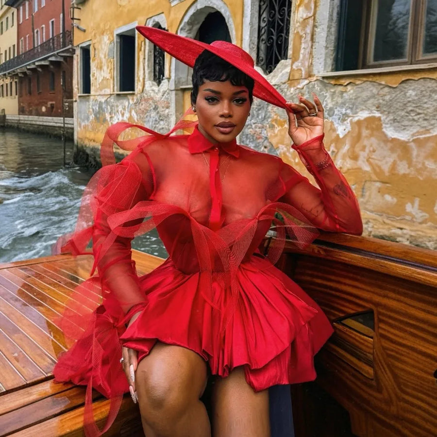 Red Two Pieces Dresses Party Evening Wear See Through Top Satin Botton Sexy Cocktail Dress Ribbons Bows Sexy Girls Birthday Gown