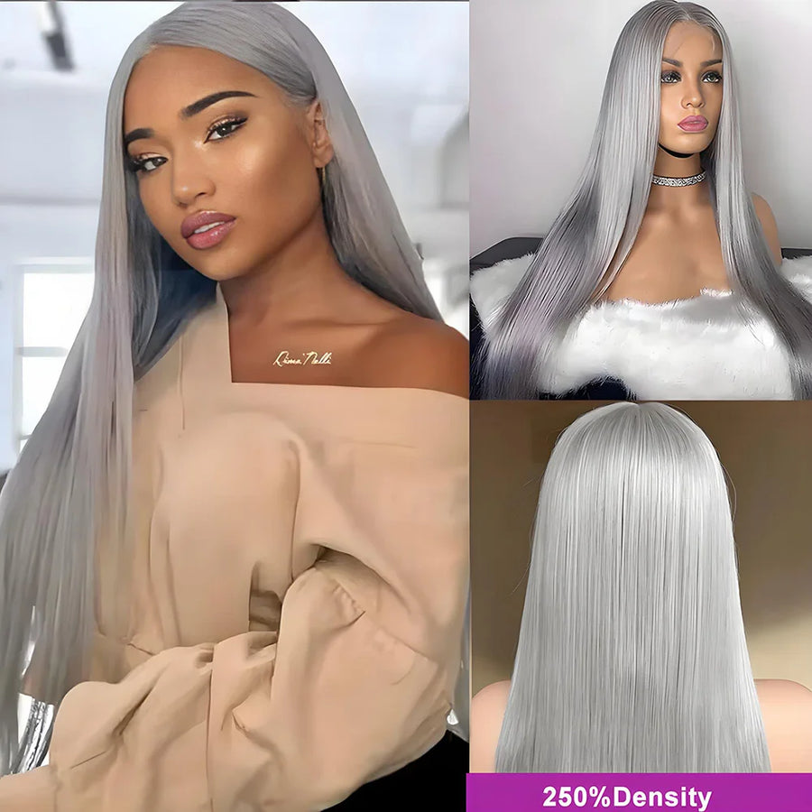 36inch 250% Silver Grey HD 13x6 Straight Lace Front Human Hair Wigs Pre Plucked 13x4 Transparen Frontal Wigs For Women Brazilian