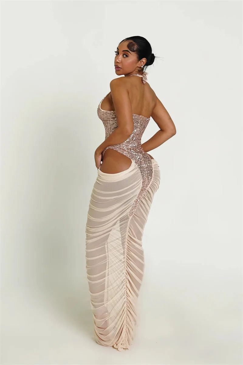 Sexy Glitter Sequins Party Evening Dresses Women Luxury Celebrity Sheer Mesh Patchwork Cut Out Formal Ruched Bodycon Maxi Dress