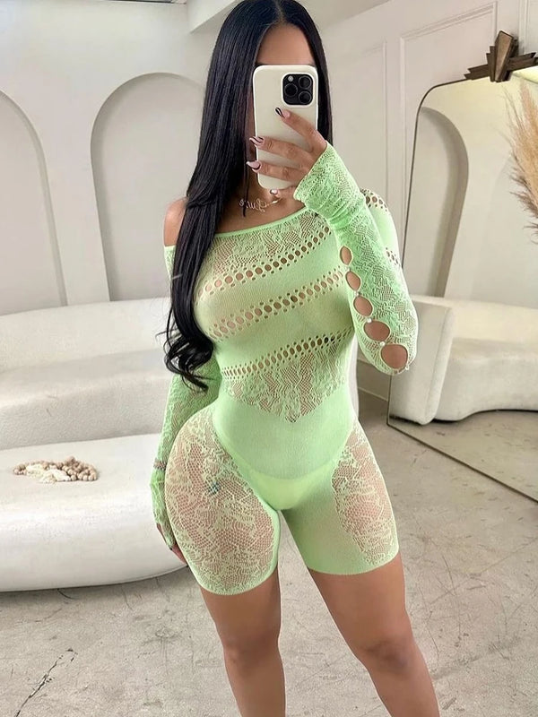 Off Shoulder Long Sleeve Playsuits For Women Party Clubwear High Stretch Hollow Out Rompers Sexy Sheer Shorts Jumpsuit