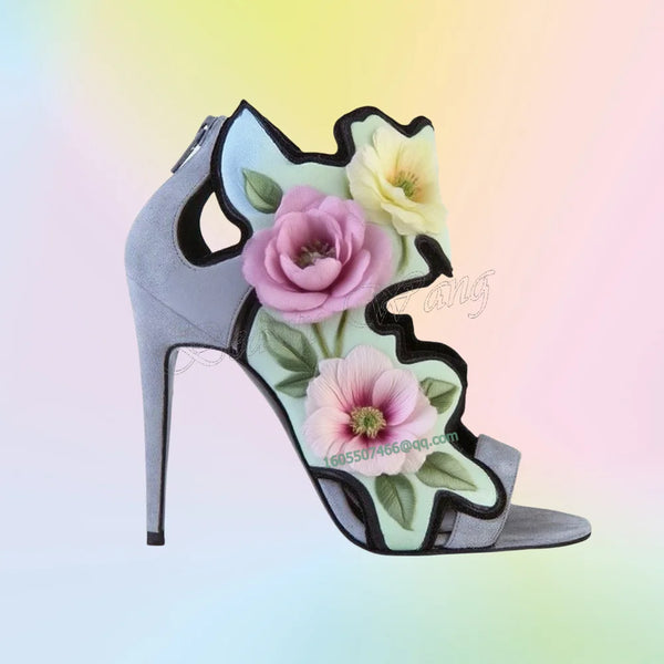 Back Zipper Side Flower Decor Sandals Mixed Color Heels Round Toe Shoes Thin High Heel Shoes for Women 2025 Zapatos Para Mujere