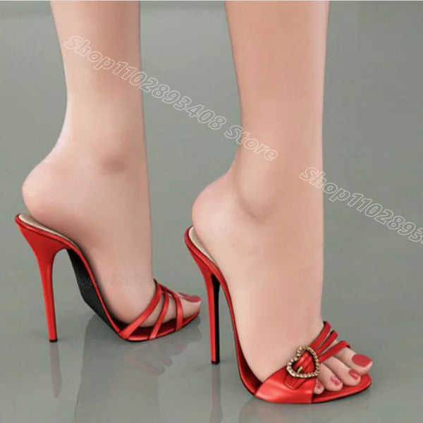 Red Heart Shape Buckle Stiletto Slippers Open Toe Slip on Summer British Style Women Casual Dress Shoes 2024 Zapatos Para Mujere