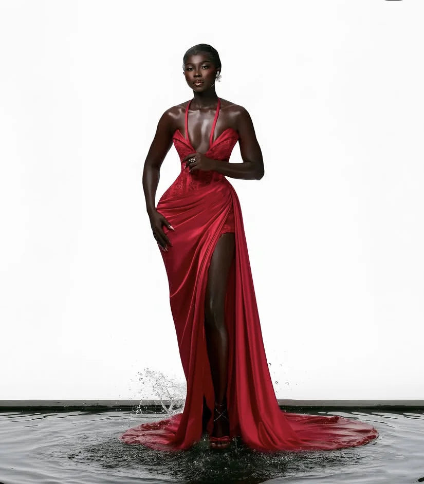 Dark Red Sexy Prom Dresses V Neck Spaghetti Lace Prom Dress High Side Split Evening Dress Sleeveless Occasion Gown with Train