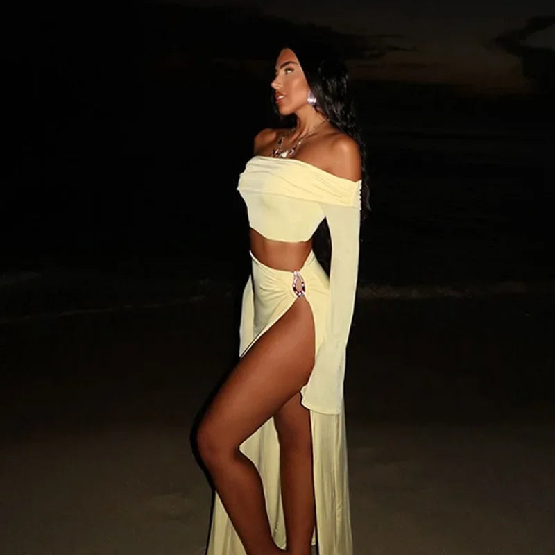 Women's Solid Beach Skirt Sets Sexy High Split Slim Bohemian Outfits Off The Shoulder Holiday 2 Piece Set 2025 Beachwear