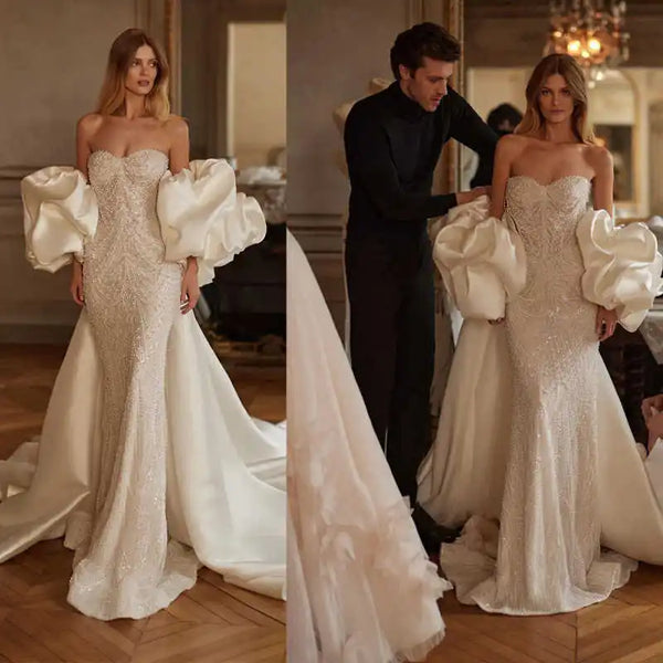 Charming Mermaid Wedding Dresses Strapless Sleeveless Beading Bride Dress Exquisite Pearls Sweep Train Bridal Dress Customized