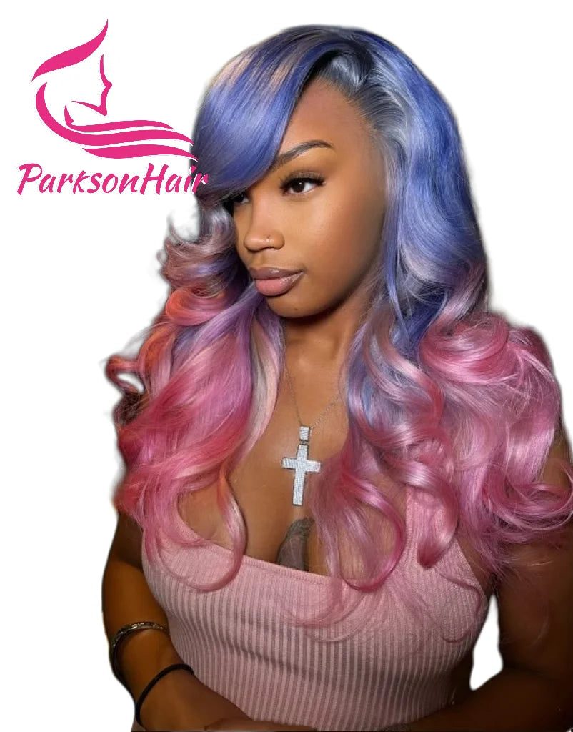 Blue/Pink 13x4 Lace Front Human Hair Wigs For Women Pre Plucked Highlight Body Wave Transparent Lace Frontal Wig 100% Human Hair