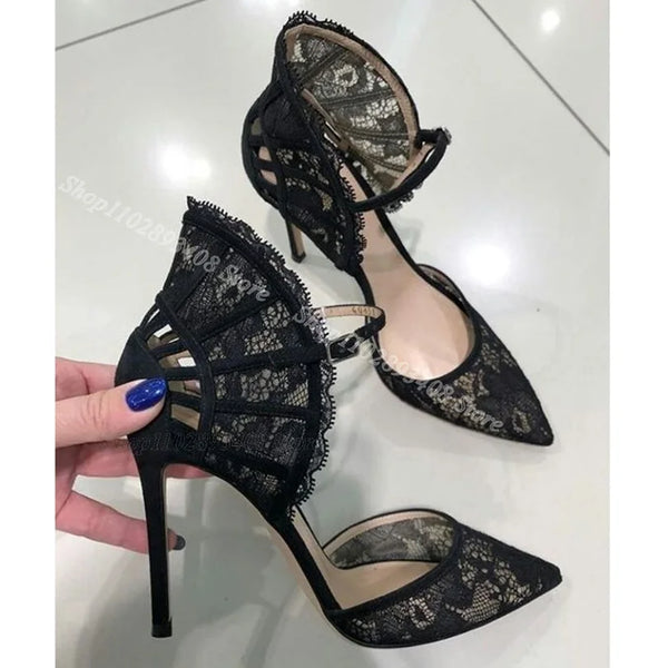 Black Air Mesh Lace Stiletto Pumps Pointed Toe Ankle Buckle British Style New Fashion Sexy Women Pumps 2024 Zapatos Para Mujere